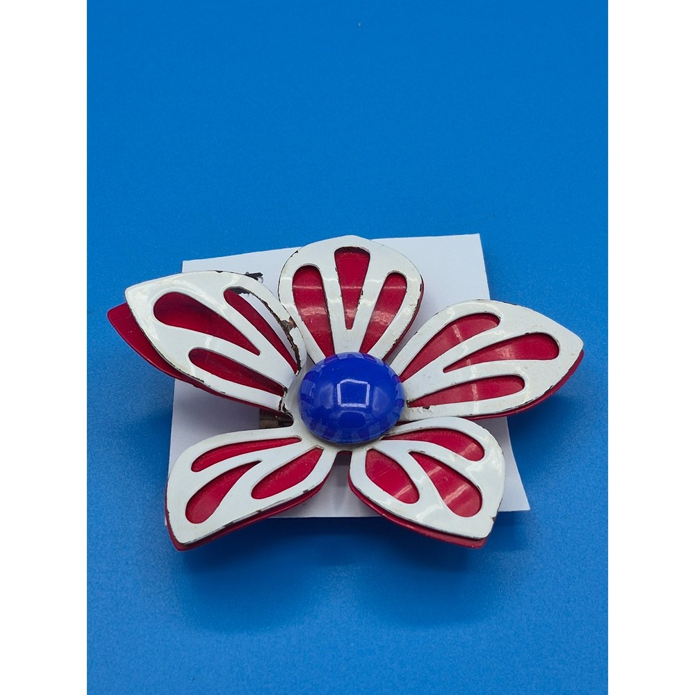 Vintage Flower Brooch Pin Red White Blue Enamel Metal 60s Mod Style